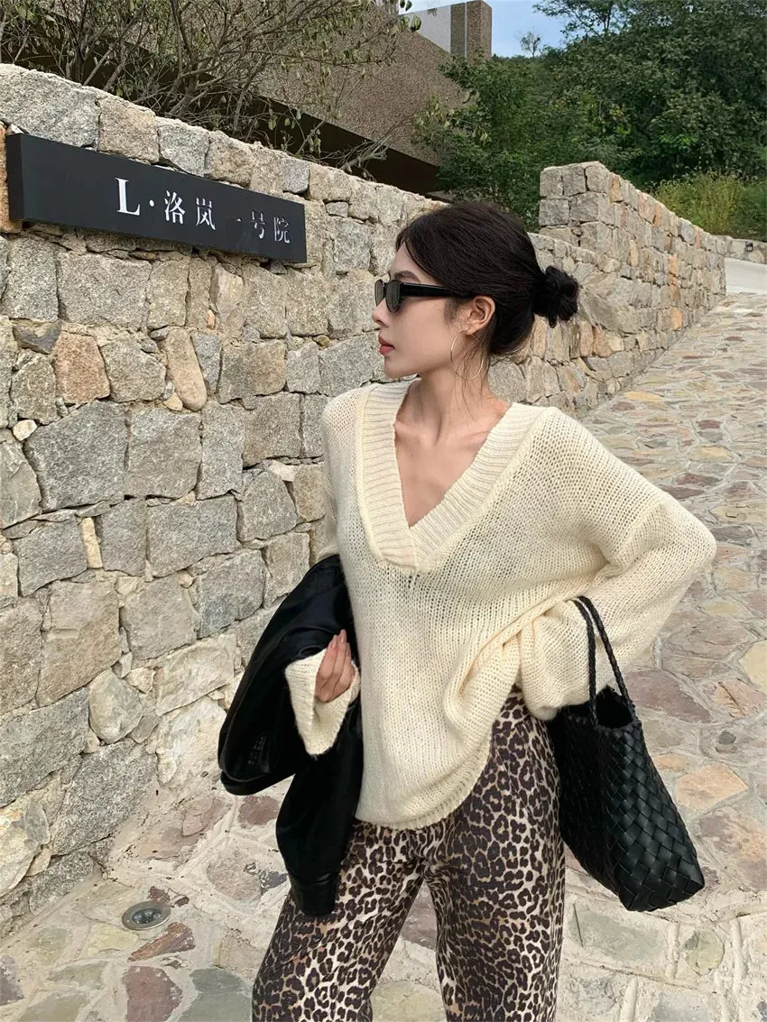 TAVIMART  -  Lazy Style Women Sweaters Chic Loose V-Neck Casual Winter Gentle Oversize Office Lady Winter Knitted Pullovers