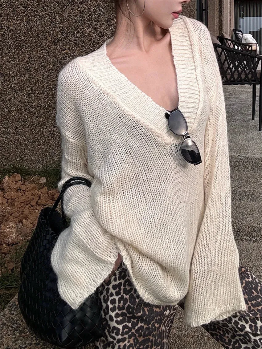TAVIMART  -  Lazy Style Women Sweaters Chic Loose V-Neck Casual Winter Gentle Oversize Office Lady Winter Knitted Pullovers