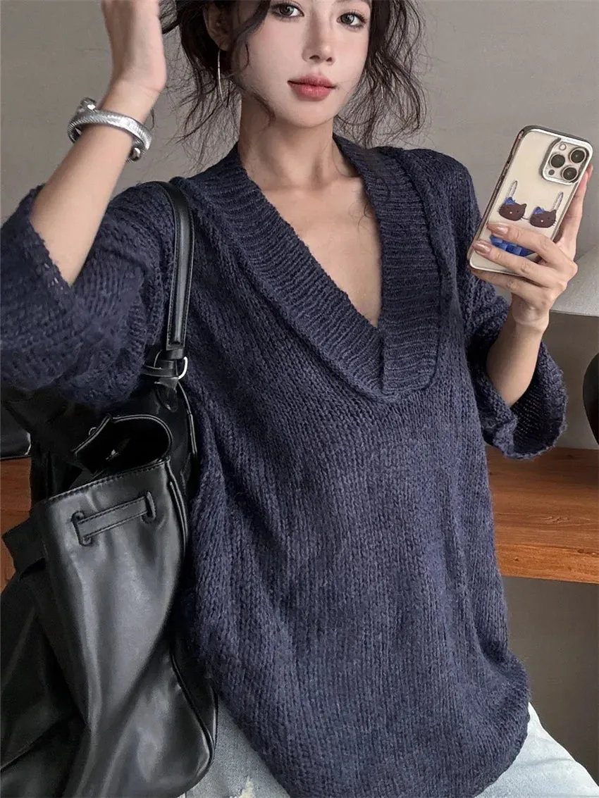 TAVIMART  -  Lazy Style Women Sweaters Chic Loose V-Neck Casual Winter Gentle Oversize Office Lady Winter Knitted Pullovers
