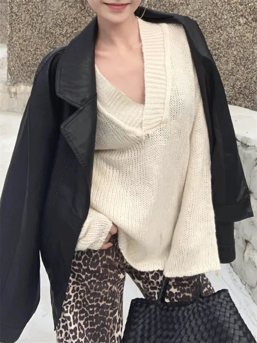 TAVIMART  -  Lazy Style Women Sweaters Chic Loose V-Neck Casual Winter Gentle Oversize Office Lady Winter Knitted Pullovers