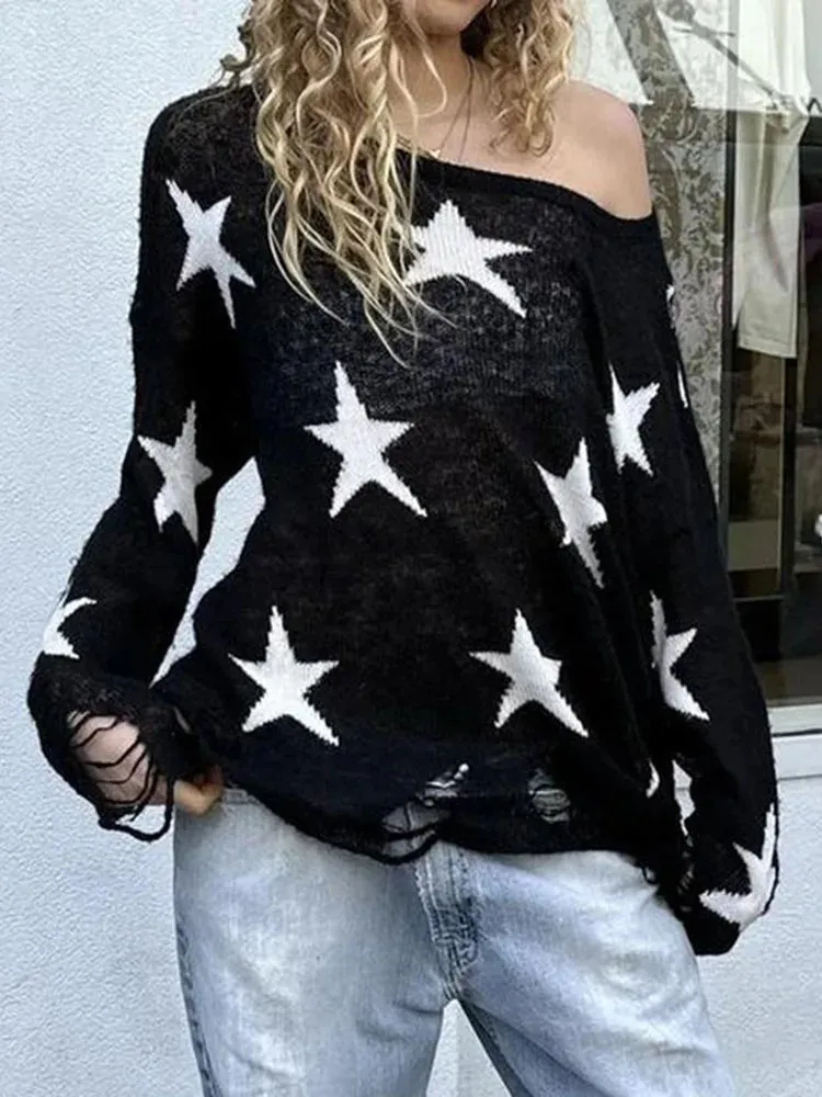 TAVIMART  -  Street Stars Printed irregular Wide Collar Sweater Hot Girl Loose Thin Ripped Knit Sexy See Through Pullovers Long Sleeve