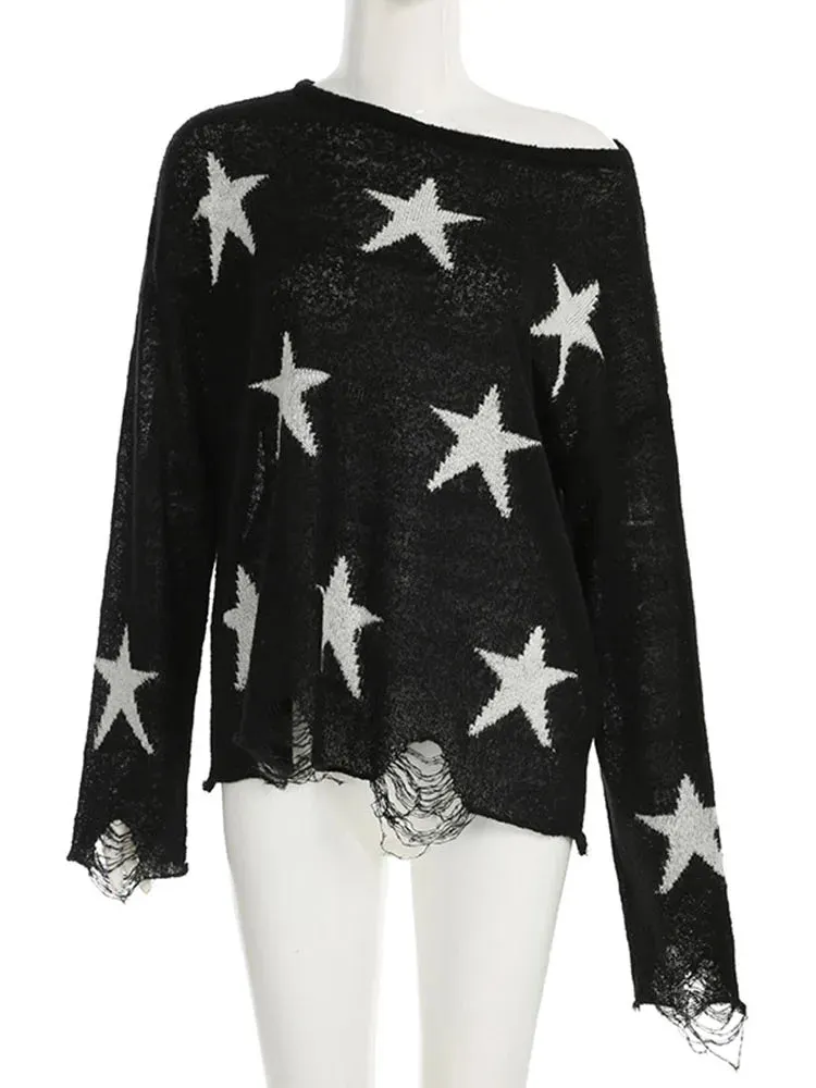 TAVIMART  -  Street Stars Printed irregular Wide Collar Sweater Hot Girl Loose Thin Ripped Knit Sexy See Through Pullovers Long Sleeve