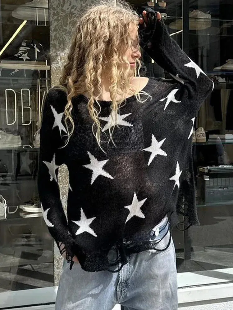 TAVIMART  -  Street Stars Printed irregular Wide Collar Sweater Hot Girl Loose Thin Ripped Knit Sexy See Through Pullovers Long Sleeve