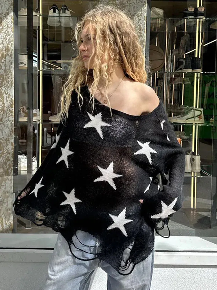 TAVIMART  -  Street Stars Printed irregular Wide Collar Sweater Hot Girl Loose Thin Ripped Knit Sexy See Through Pullovers Long Sleeve