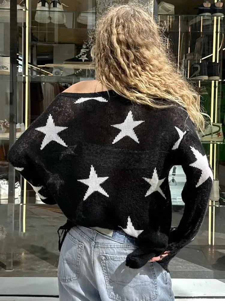 TAVIMART  -  Street Stars Printed irregular Wide Collar Sweater Hot Girl Loose Thin Ripped Knit Sexy See Through Pullovers Long Sleeve