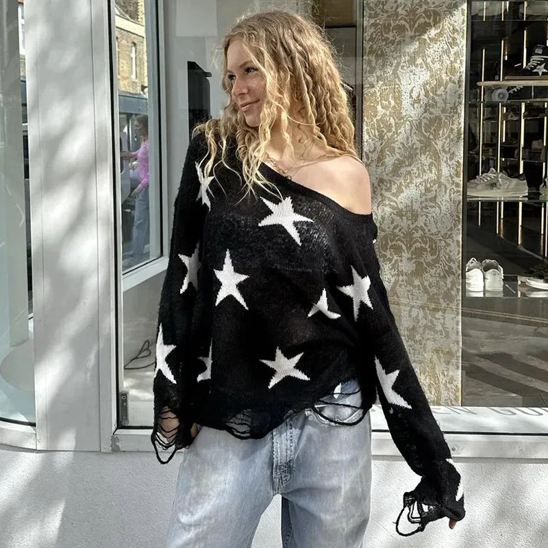 TAVIMART  -  Street Stars Printed irregular Wide Collar Sweater Hot Girl Loose Thin Ripped Knit Sexy See Through Pullovers Long Sleeve