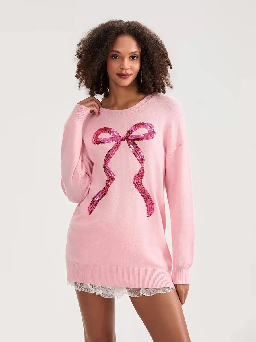 Toleet-Cute Bow Print Casual Knitwear Women's Autumn Winter Knitted Sweater Long Sleeve Crewneck Loose Fit Pullovers Tops Streetwear