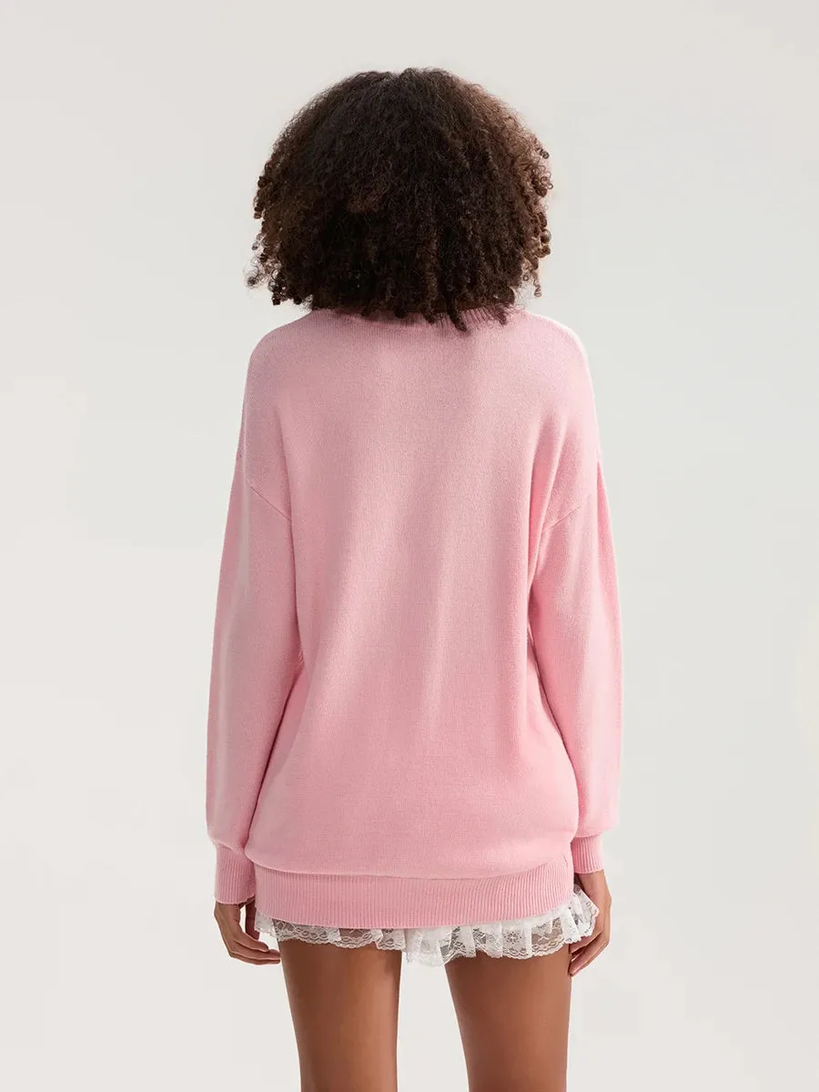 Toleet-Cute Bow Print Casual Knitwear Women's Autumn Winter Knitted Sweater Long Sleeve Crewneck Loose Fit Pullovers Tops Streetwear