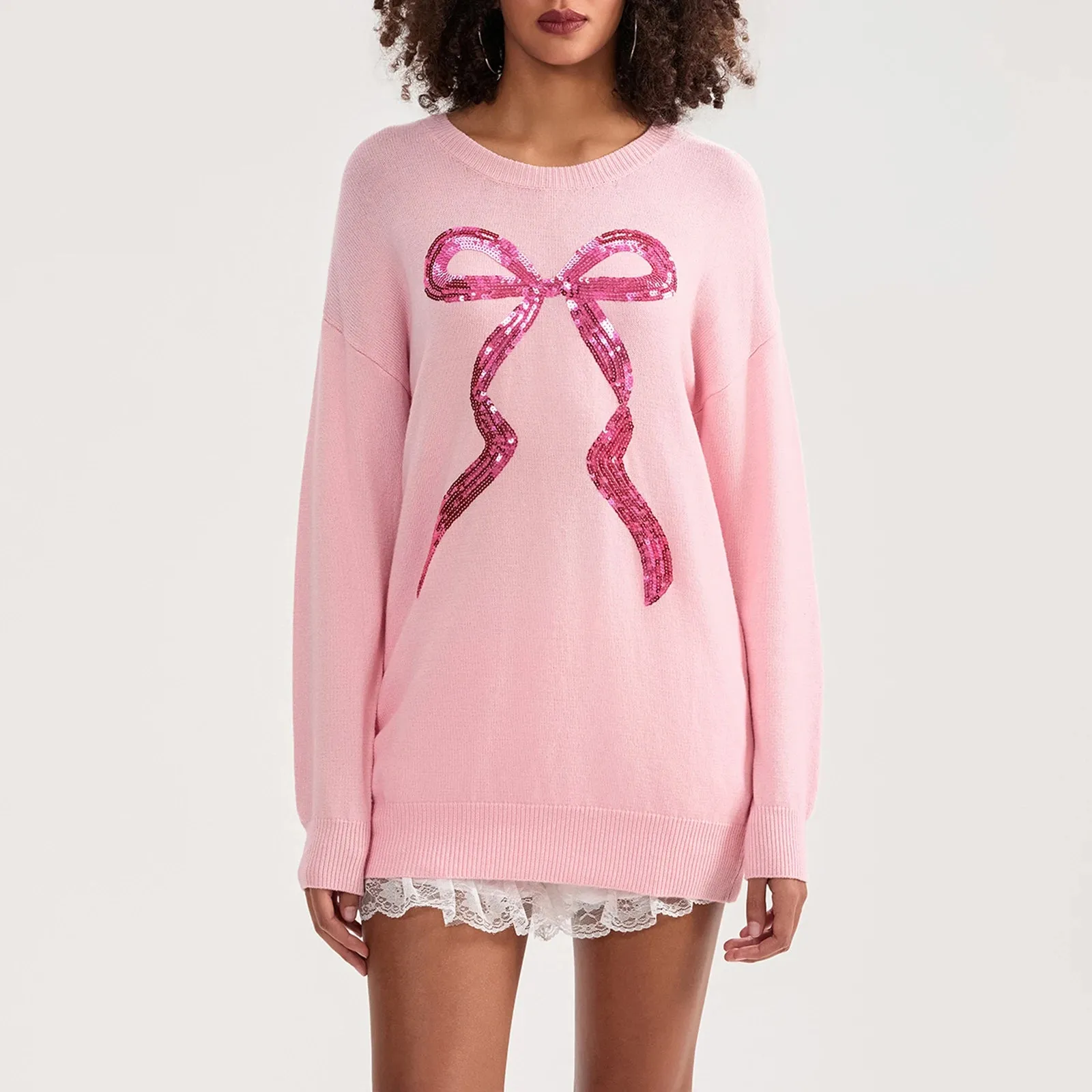 Toleet-Cute Bow Print Casual Knitwear Women's Autumn Winter Knitted Sweater Long Sleeve Crewneck Loose Fit Pullovers Tops Streetwear