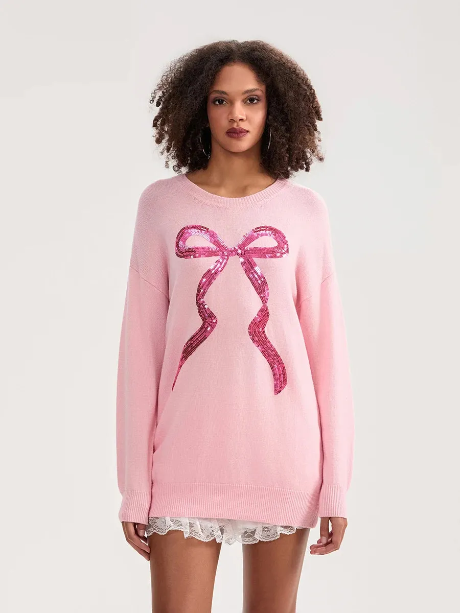 Toleet-Cute Bow Print Casual Knitwear Women's Autumn Winter Knitted Sweater Long Sleeve Crewneck Loose Fit Pullovers Tops Streetwear