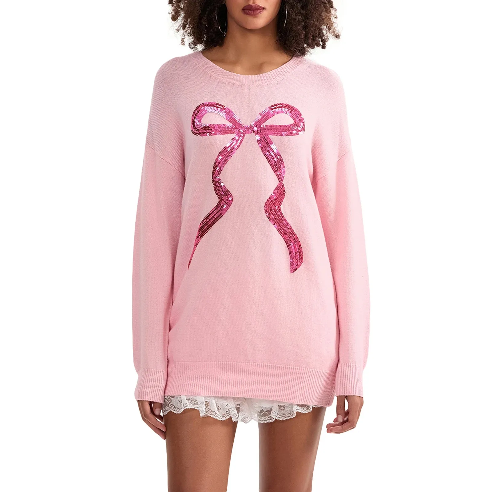 Toleet-Cute Bow Print Casual Knitwear Women's Autumn Winter Knitted Sweater Long Sleeve Crewneck Loose Fit Pullovers Tops Streetwear