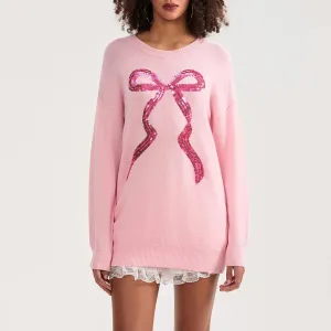 Toleet-Cute Bow Print Casual Knitwear Women's Autumn Winter Knitted Sweater Long Sleeve Crewneck Loose Fit Pullovers Tops Streetwear