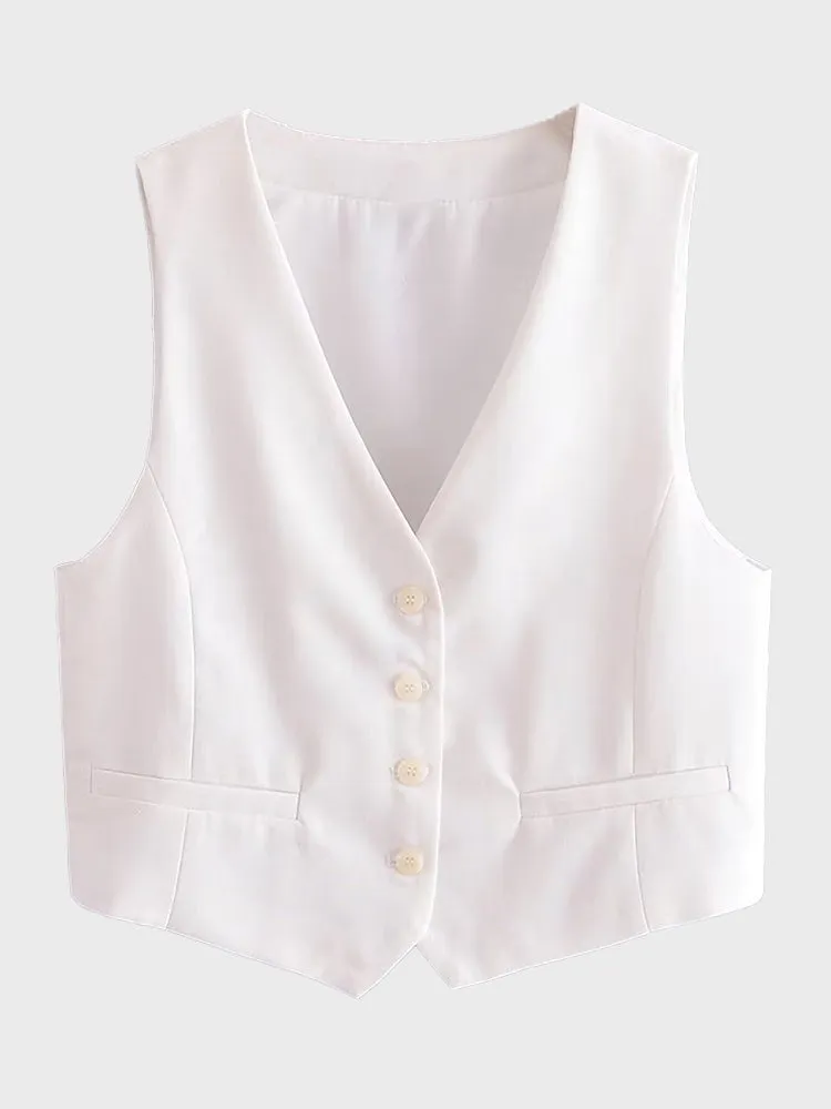 V-Neck Linen Vest & High Waist Trousers Set