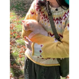 Vintage Print Sweater Women Harajuku Patchwork Knitted Pullovers Streetwear Long Sleeve Knitwear Winter Casual Jumpers New
