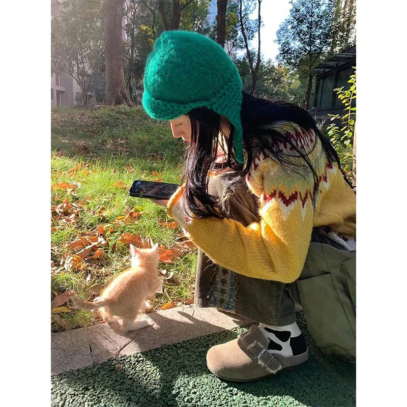 Vintage Print Sweater Women Harajuku Patchwork Knitted Pullovers Streetwear Long Sleeve Knitwear Winter Casual Jumpers New