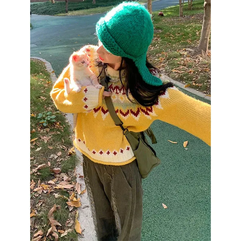 Vintage Print Sweater Women Harajuku Patchwork Knitted Pullovers Streetwear Long Sleeve Knitwear Winter Casual Jumpers New