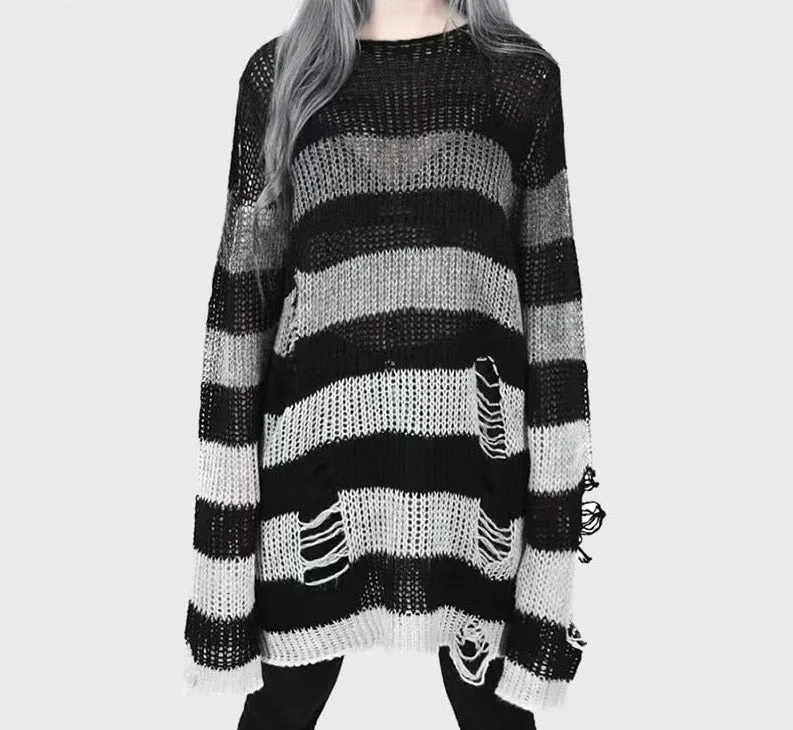 Wenkouban Punk Gothic Sweater Emo Tops E-Girls Mall Goth Pullovers Y2k Harajuku Grunge Clothes Alt Dark Aesthetic Striped Jumpers