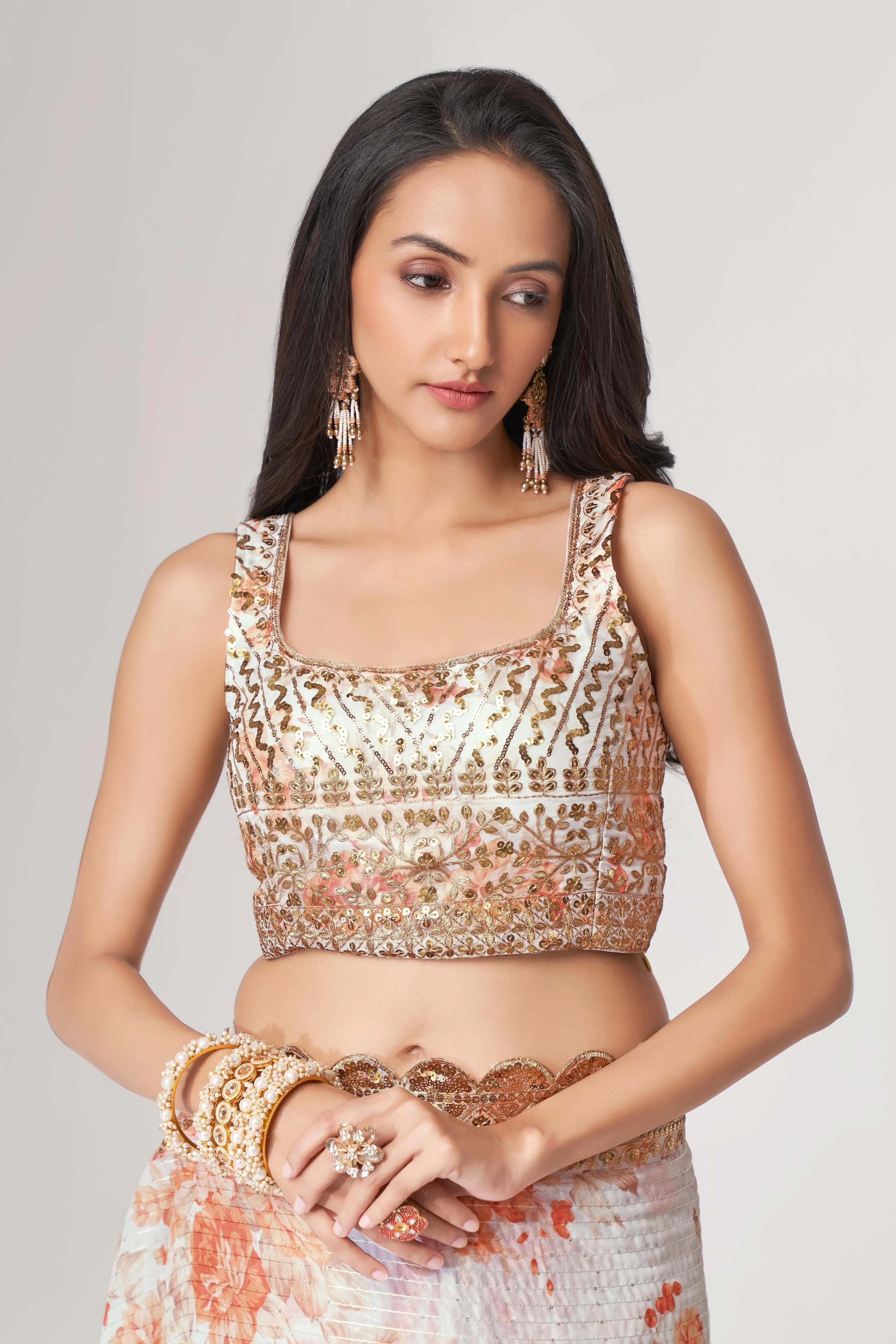 White Organza Floral Print Saree with Blouse