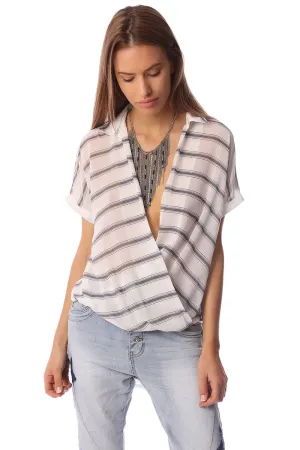 White short sleeve drape wrap blouse with blue striped design