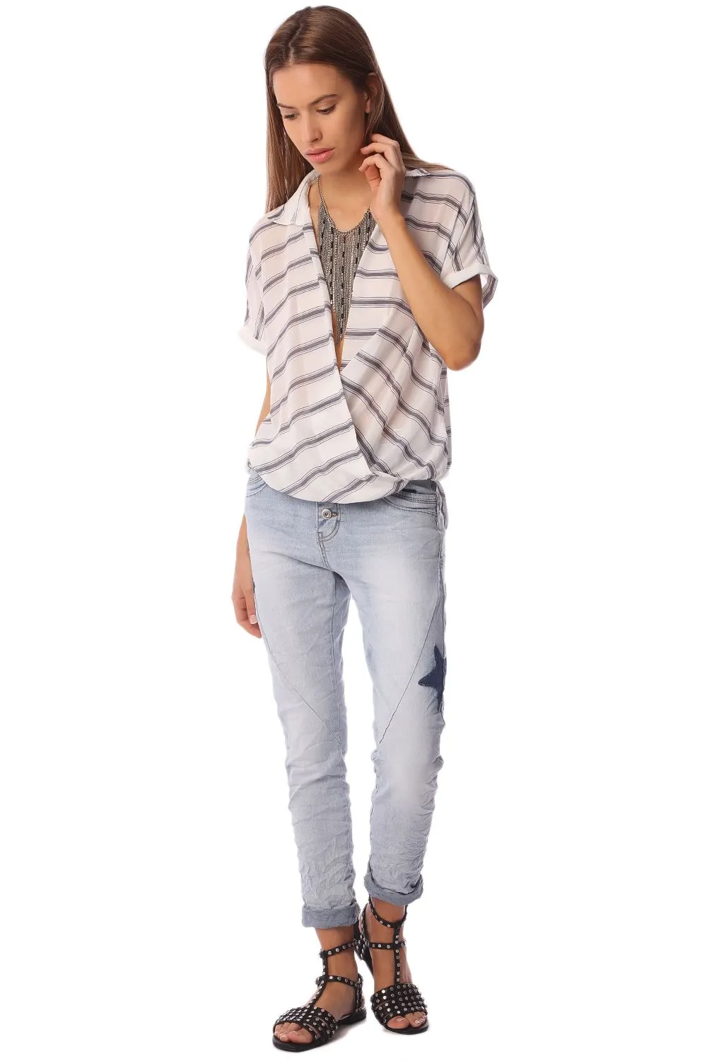 White short sleeve drape wrap blouse with blue striped design