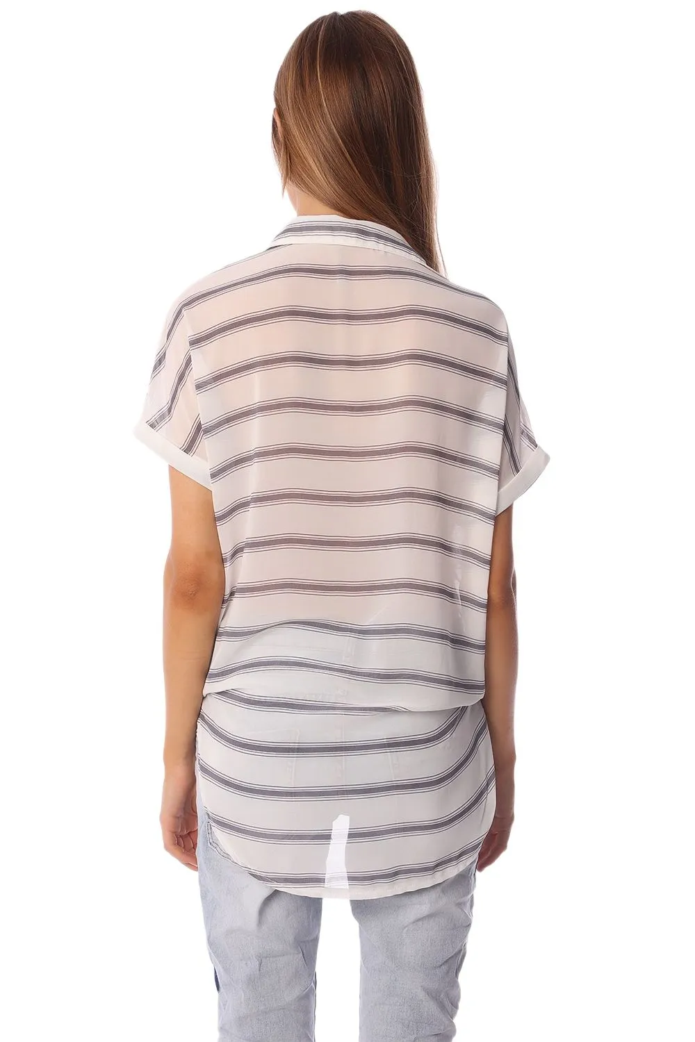 White short sleeve drape wrap blouse with blue striped design