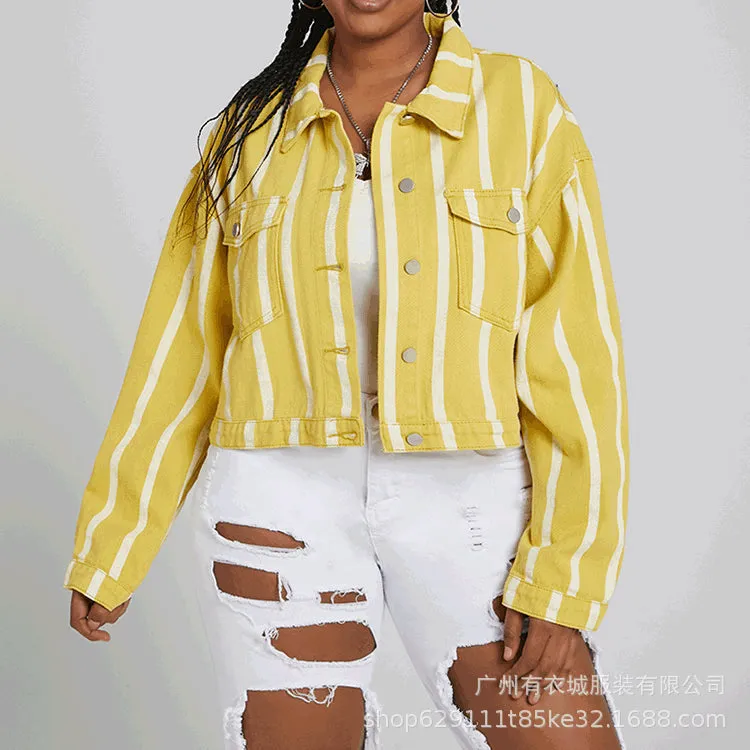 Women Denim Jacket Autumn Printed Yellow Striped Coat