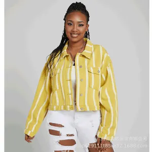 Women Denim Jacket Autumn Printed Yellow Striped Coat