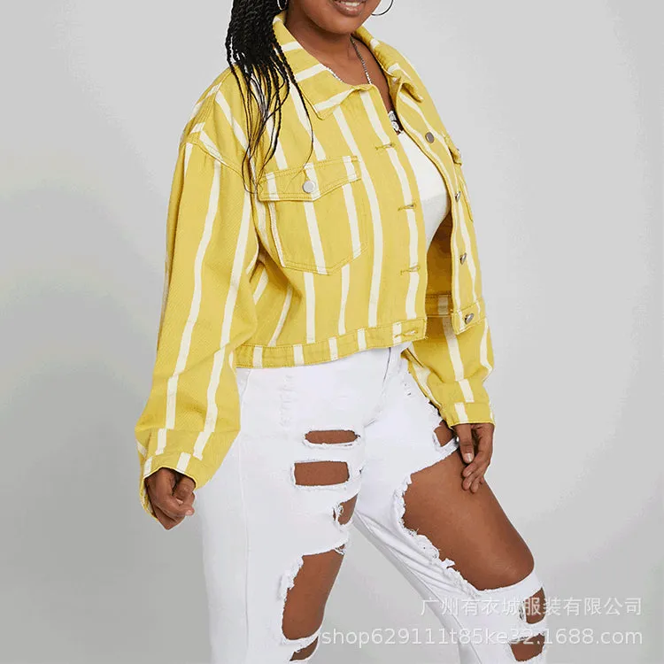 Women Denim Jacket Autumn Printed Yellow Striped Coat