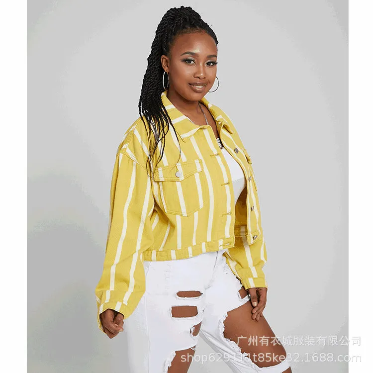 Women Denim Jacket Autumn Printed Yellow Striped Coat