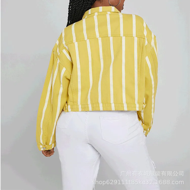 Women Denim Jacket Autumn Printed Yellow Striped Coat