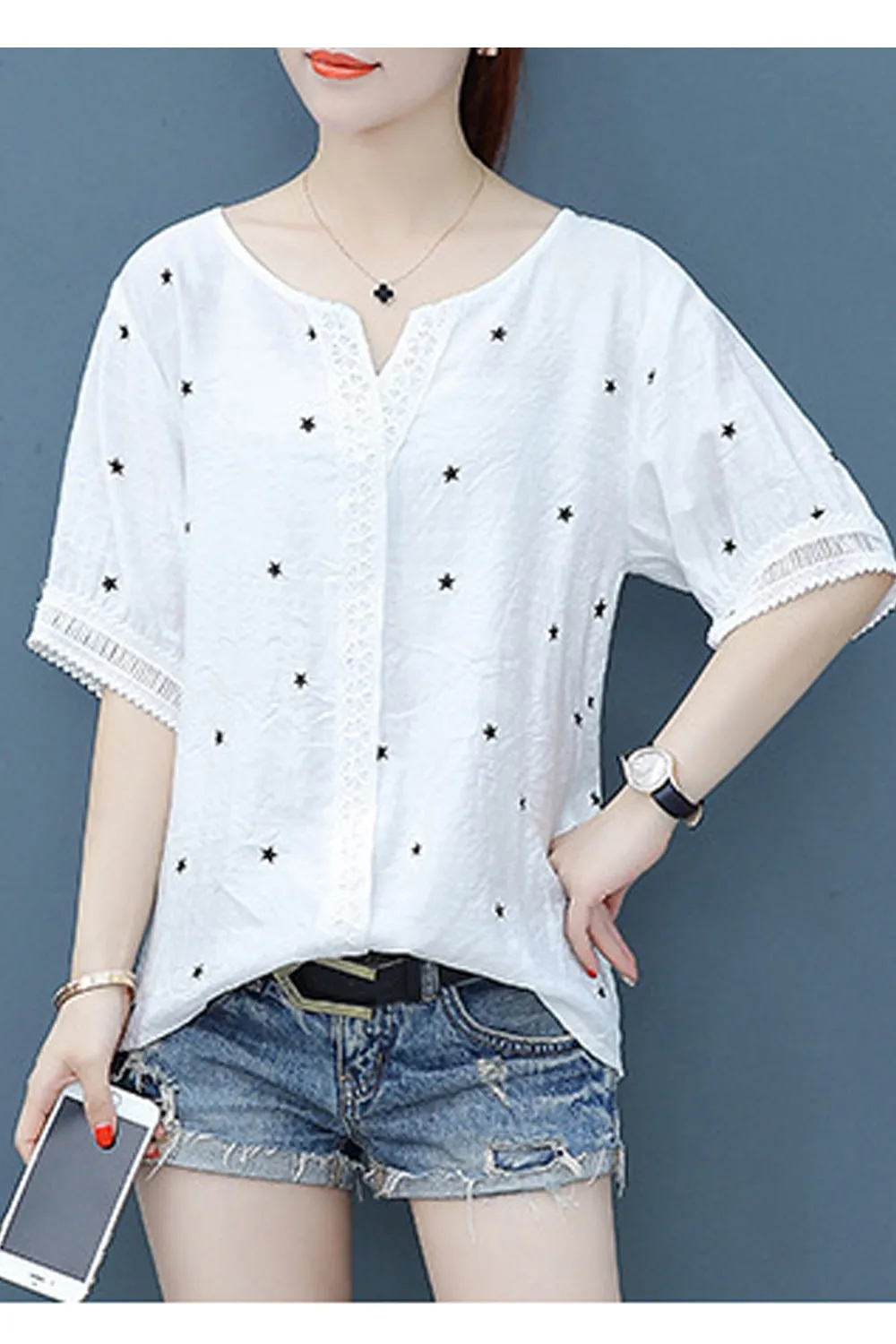 Women Notch Neck Polka Dot Button Down Shirt - WSB75144