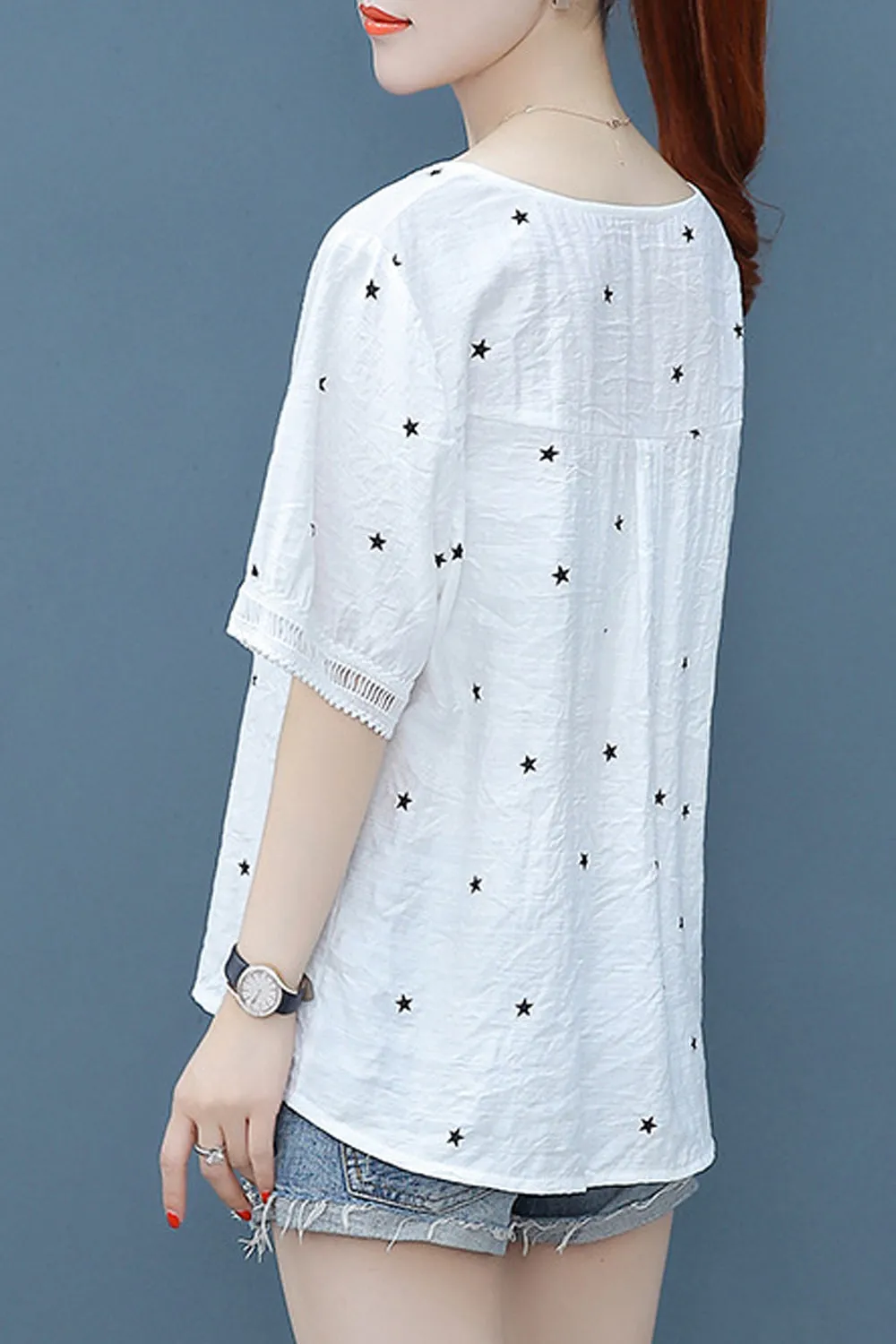 Women Notch Neck Polka Dot Button Down Shirt - WSB75144