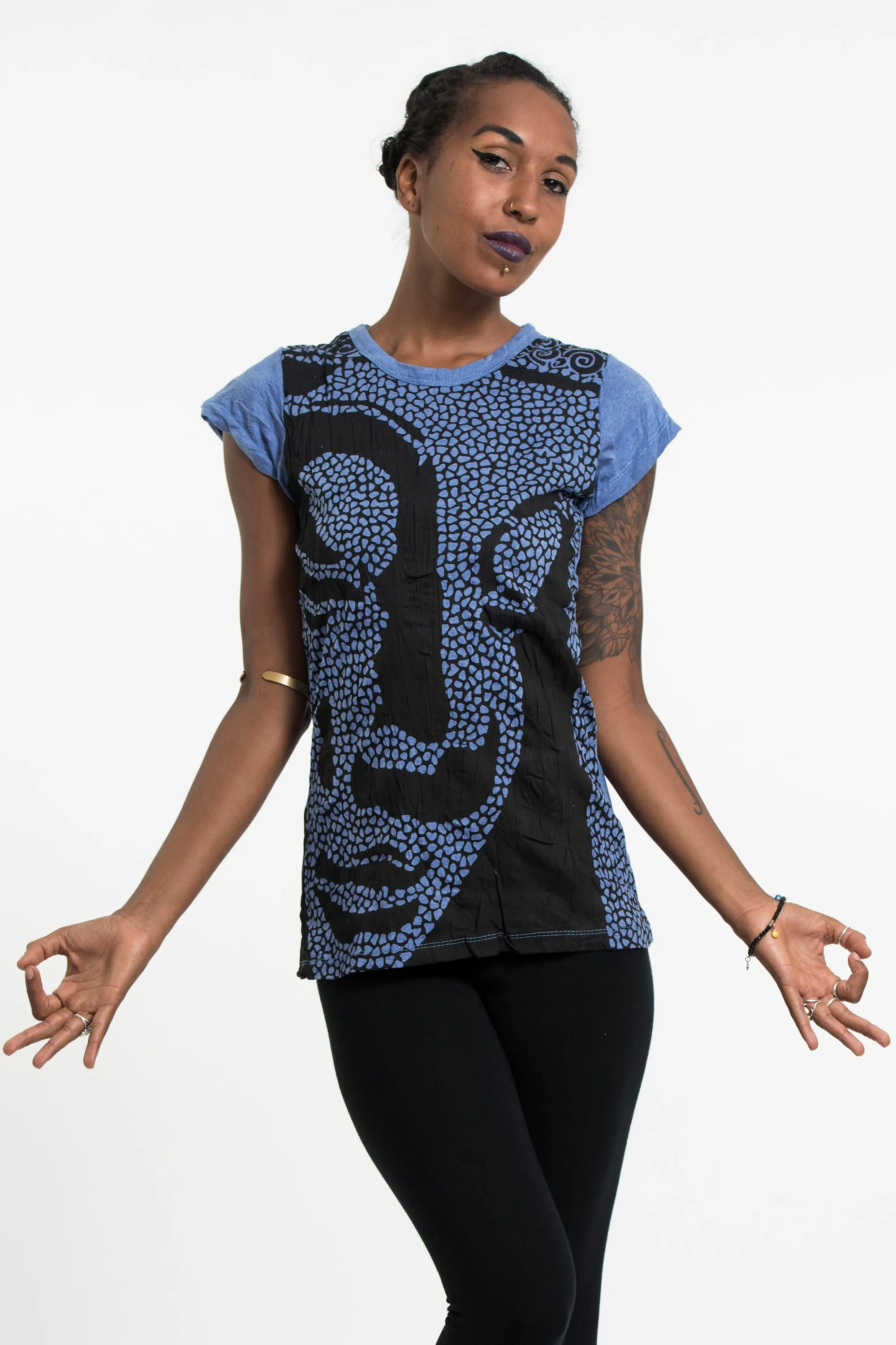 Womens Big Buddha Face T-Shirt in Blue