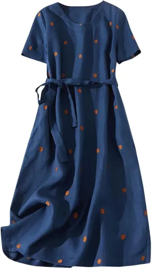 Womens Boho Floral Dresses Cotton Linen Short Sleeves Maxi Swing Dress, Summer Dress for Women 2024 Beach Sundress