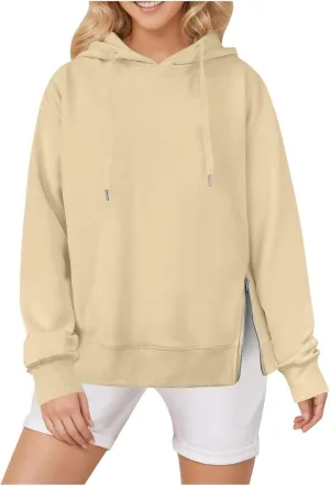 Womens Hooded Sweatshirt Fashion Solid Color Side Zipper Long Sleeves Loose Casual Pullover Oversized Hoodies Tops