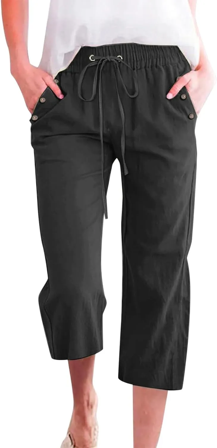 Women's Linen Cropped Pants Solid Color Relaxed Fit with Pockets, Breathable Summer Casual Capris