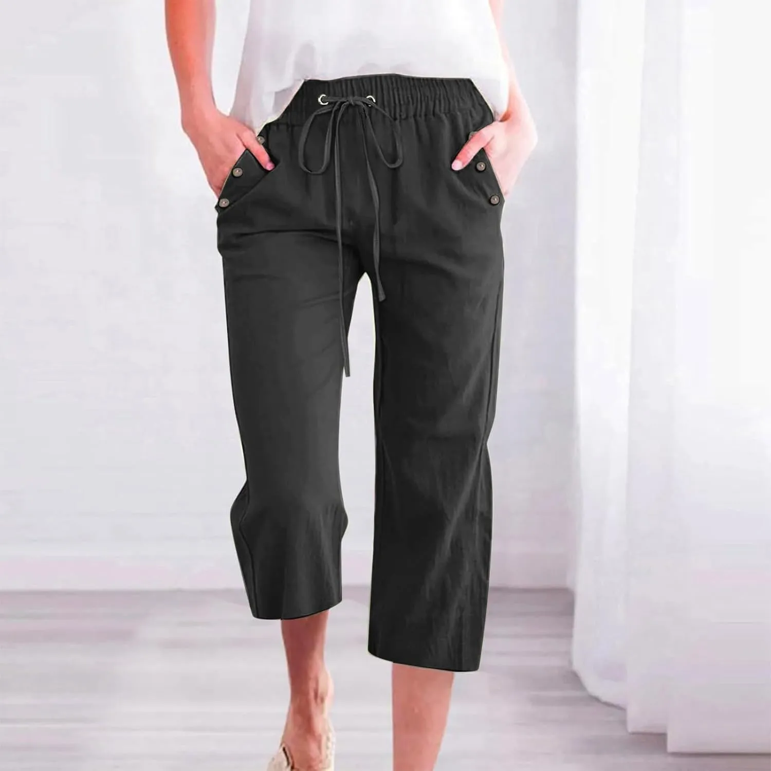 Women's Linen Cropped Pants Solid Color Relaxed Fit with Pockets, Breathable Summer Casual Capris