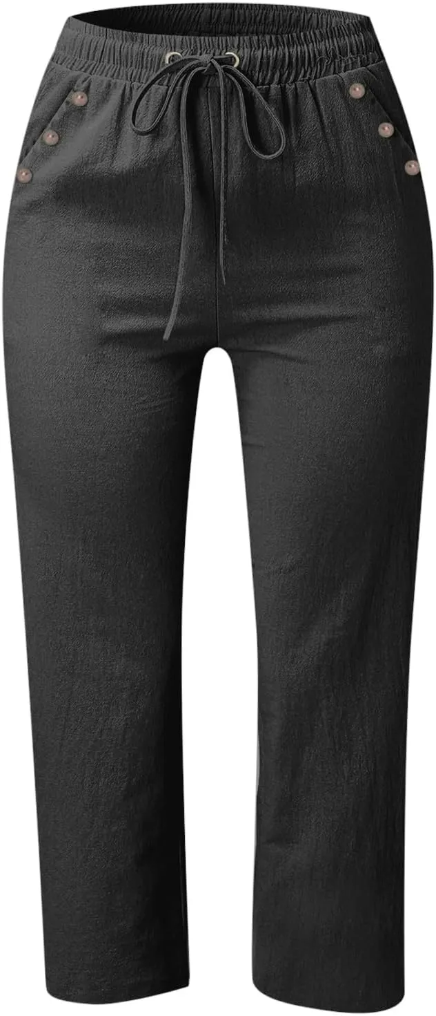 Women's Linen Cropped Pants Solid Color Relaxed Fit with Pockets, Breathable Summer Casual Capris