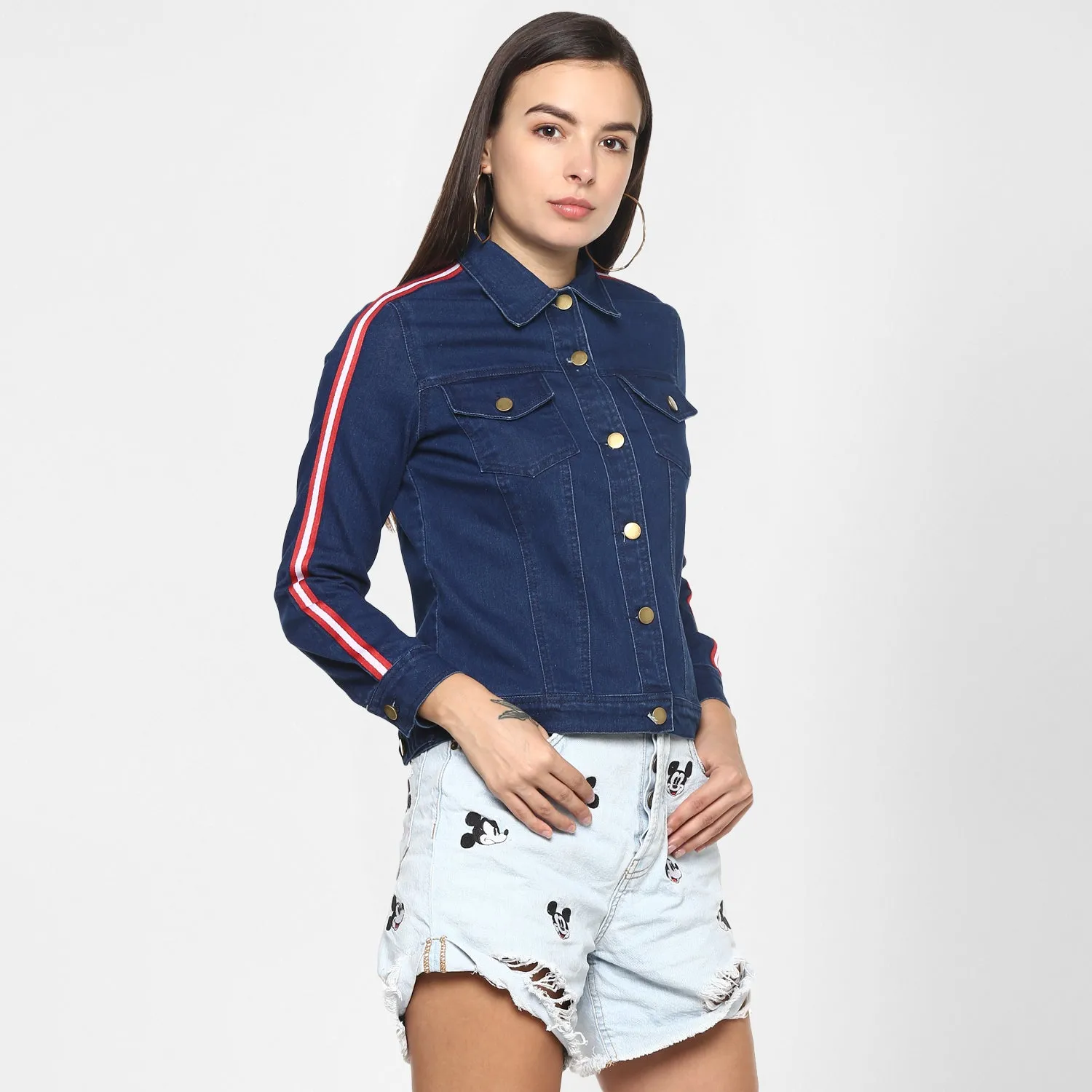 Women's Navy Blue Jacket with Red Tape - StyleStone