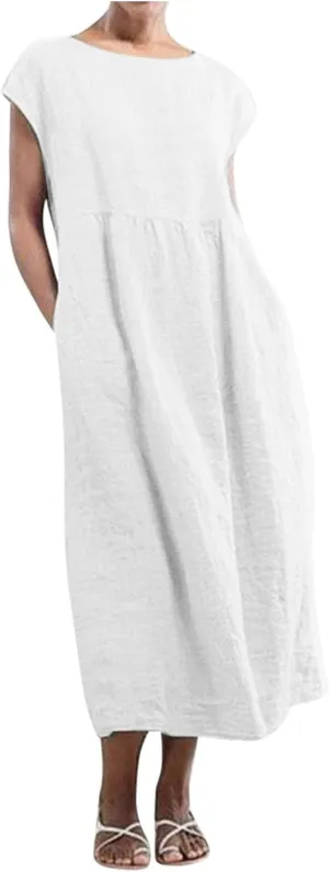 Womens Plus Size Cotton Linen Dress Summer Short Sleeve Shirt Dress with Pockets Flowy Hide Belly Dress