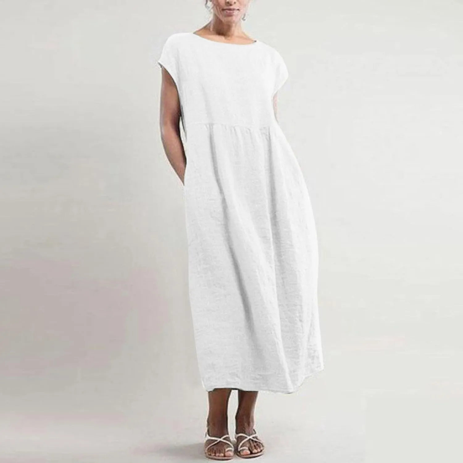 Womens Plus Size Cotton Linen Dress Summer Short Sleeve Shirt Dress with Pockets Flowy Hide Belly Dress