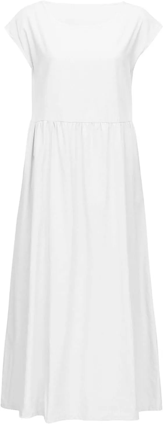 Womens Plus Size Cotton Linen Dress Summer Short Sleeve Shirt Dress with Pockets Flowy Hide Belly Dress