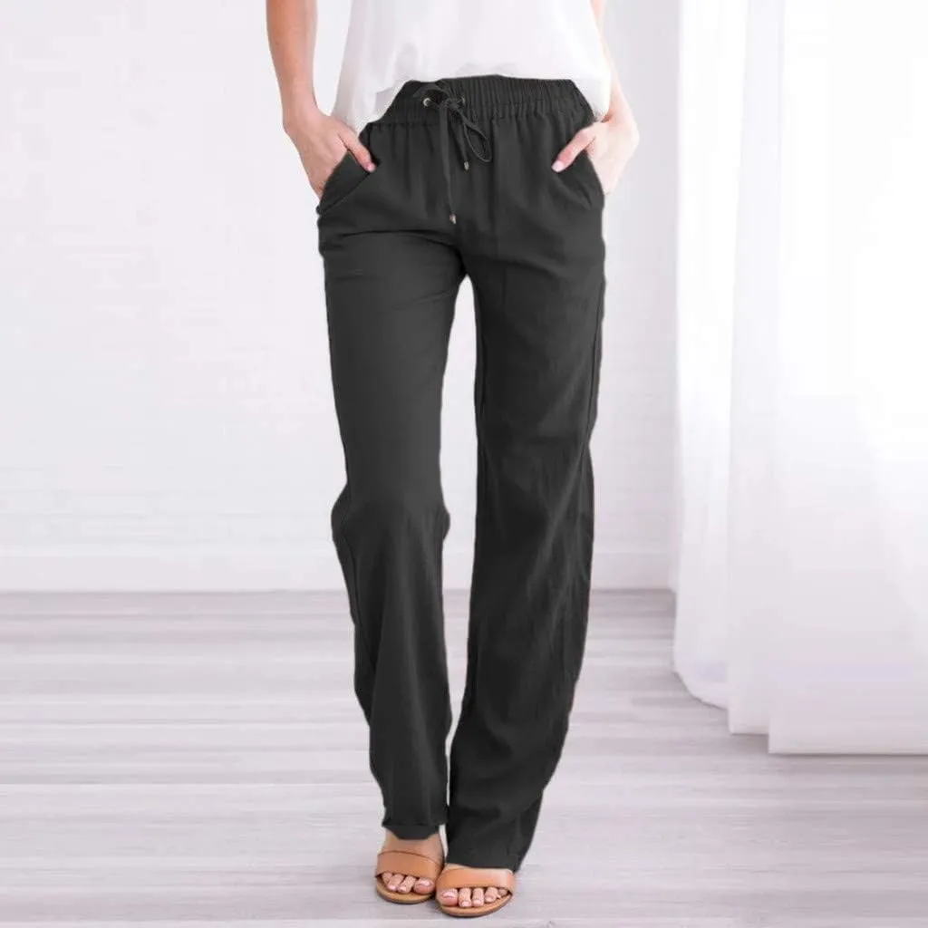 Women's Solid Color Linen Pants - Drawstring Waist Loose Fit Slim Casual Trousers, Comfortable Relaxed Long Pants