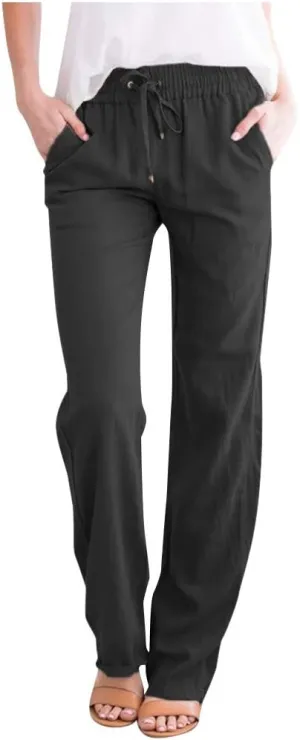 Women's Solid Color Linen Pants - Drawstring Waist Loose Fit Slim Casual Trousers, Comfortable Relaxed Long Pants