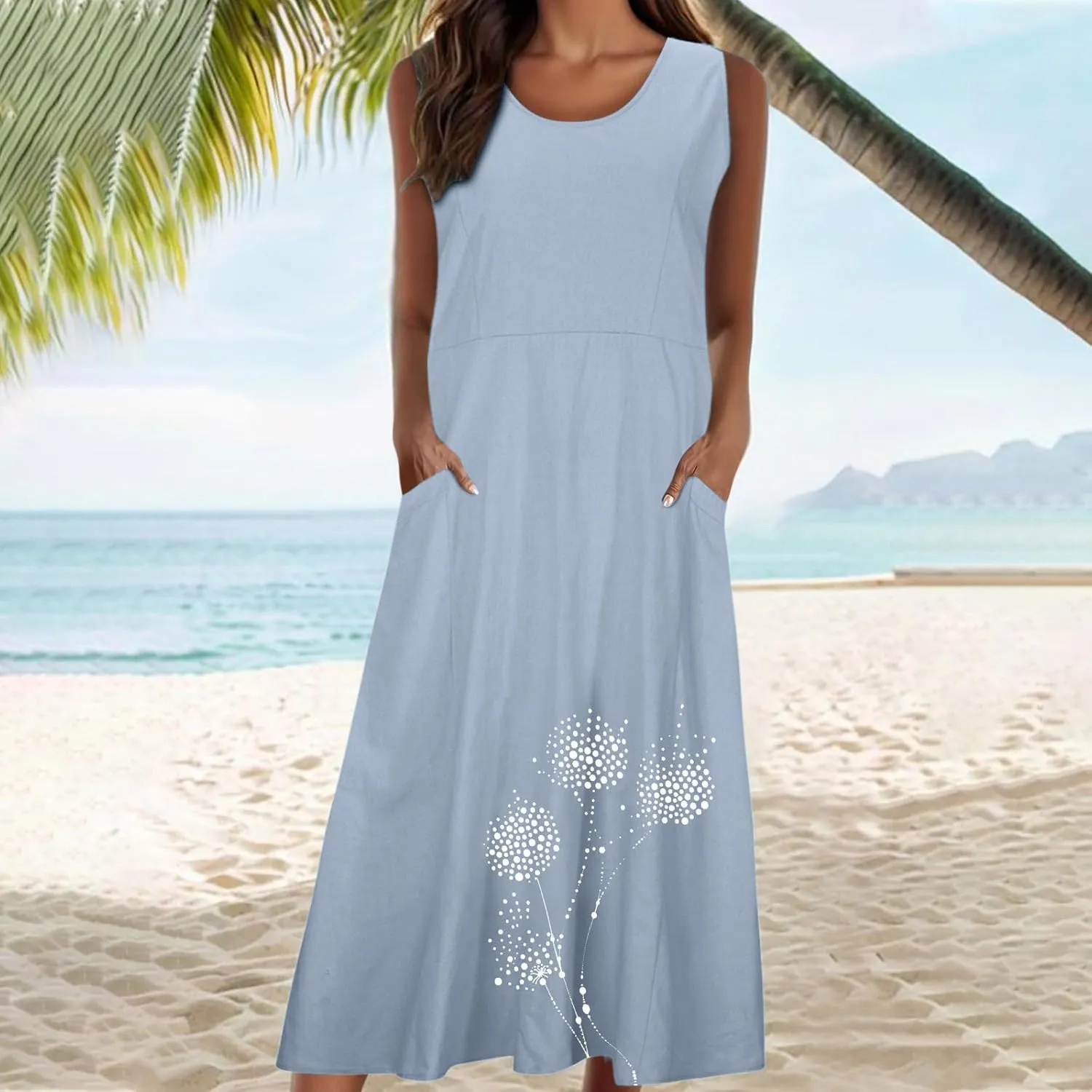 Women's Summer Casual Sleeveless Cotton Sun Dress Maxi Tank Beach 2025 Vacation Travel Floral Print Dress with Pockets