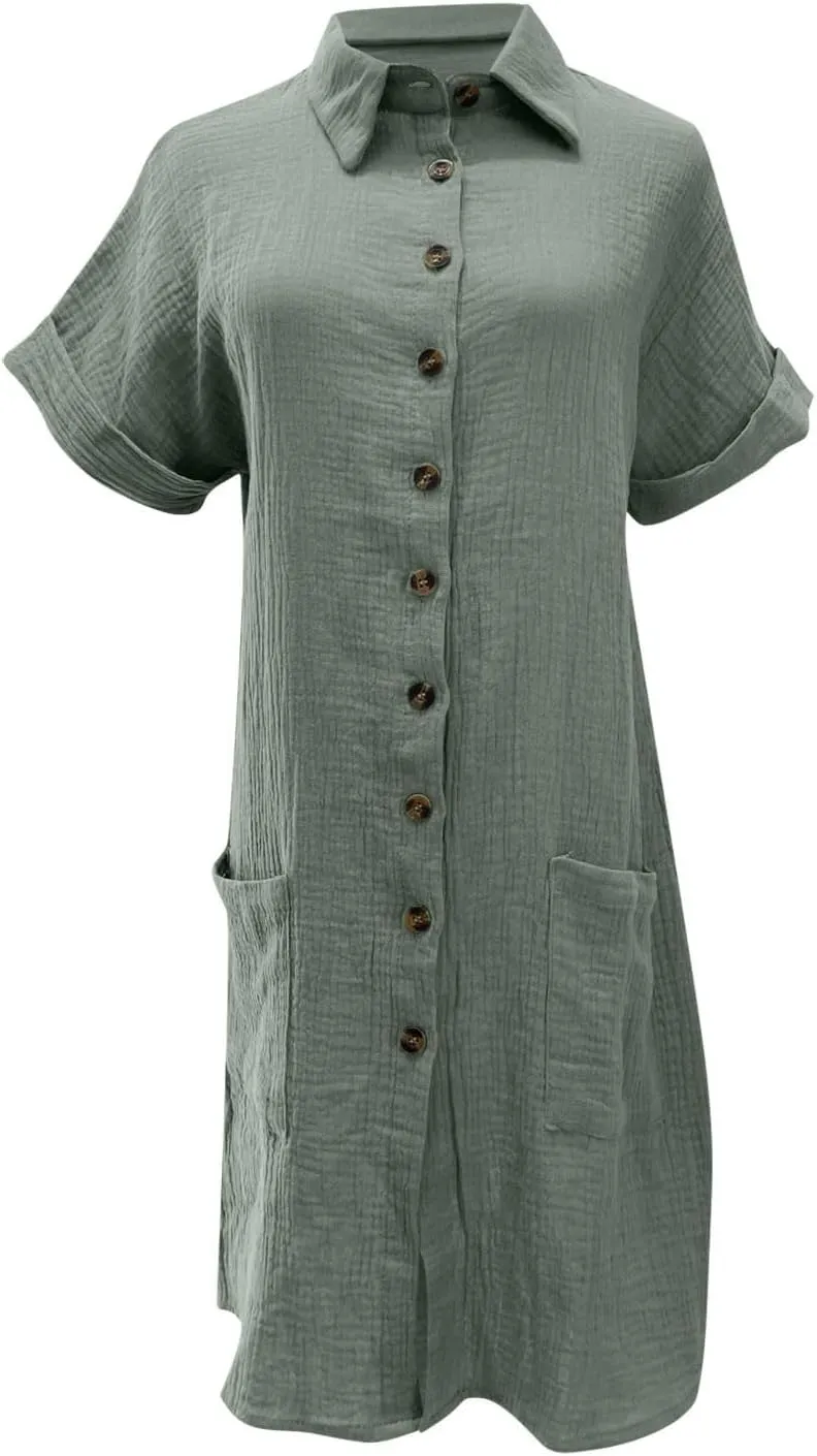 Womens Summer Dresses Casual Roll Up Short Sleeve Knee Length Cotton Linen Button Down Tunic Shirt Dress with Pockets
