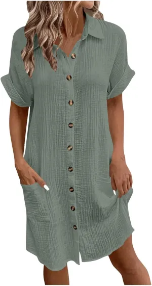 Womens Summer Dresses Casual Roll Up Short Sleeve Knee Length Cotton Linen Button Down Tunic Shirt Dress with Pockets