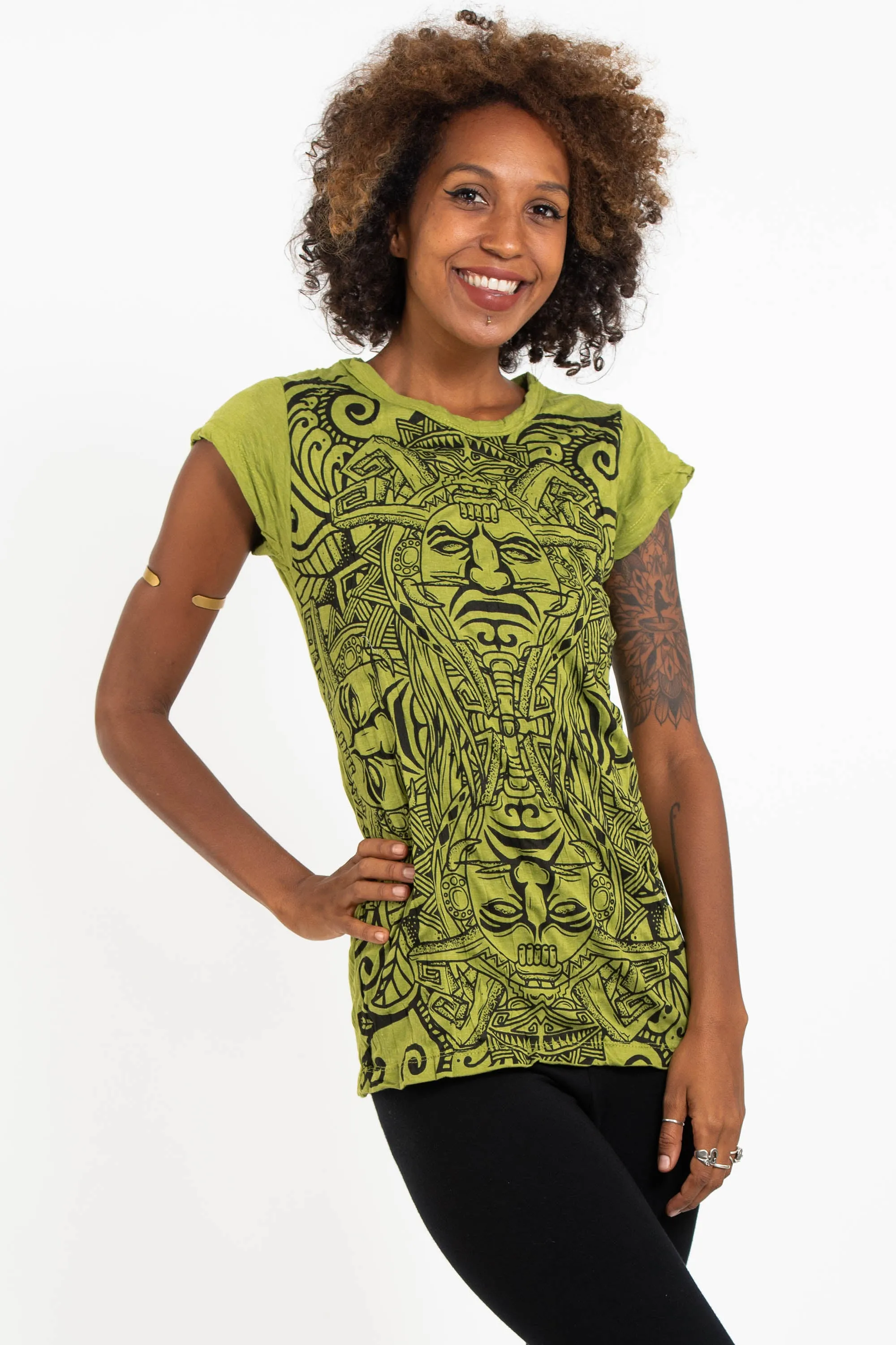 Womens Tribal Masks T-Shirt in Lime