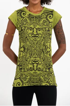 Womens Tribal Masks T-Shirt in Lime