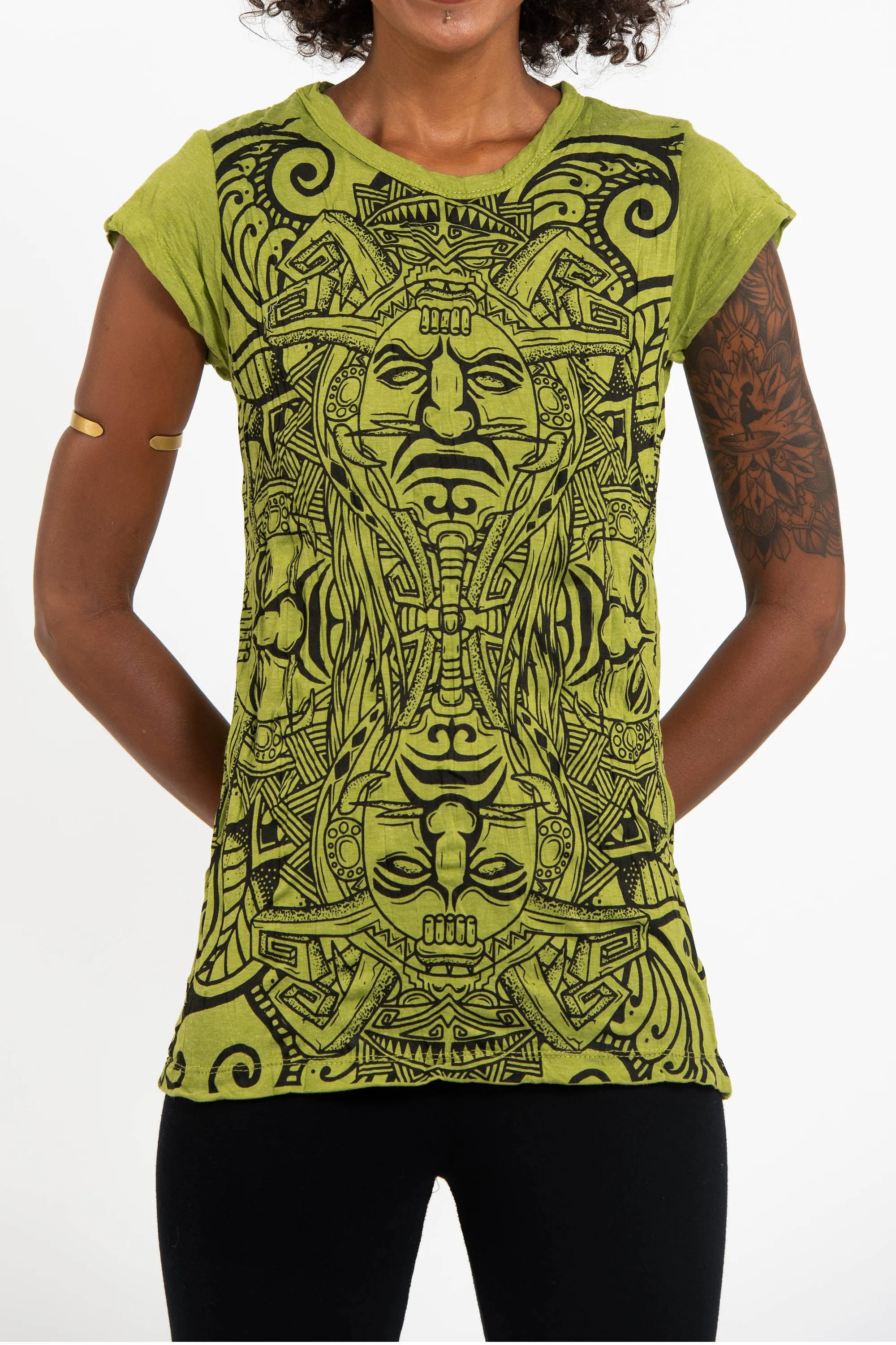 Womens Tribal Masks T-Shirt in Lime